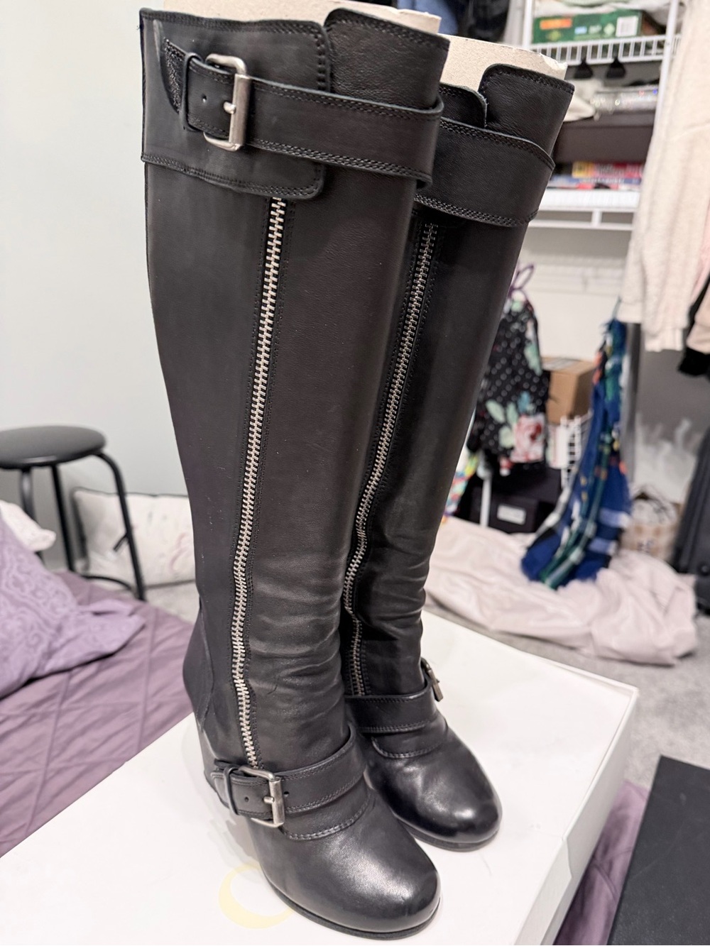 Chloe - Black Tall Leather Buckle Moto Boots